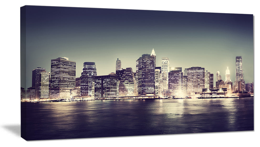 Black and White NYC Night Panorama, Extra Large Canvas Art Print, 32"x16"