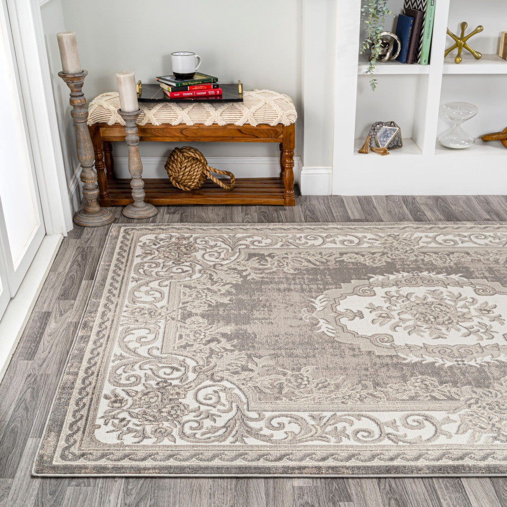 Rosalia Cottage Medallion Area Rug, Gray/Ivory, 8x10
