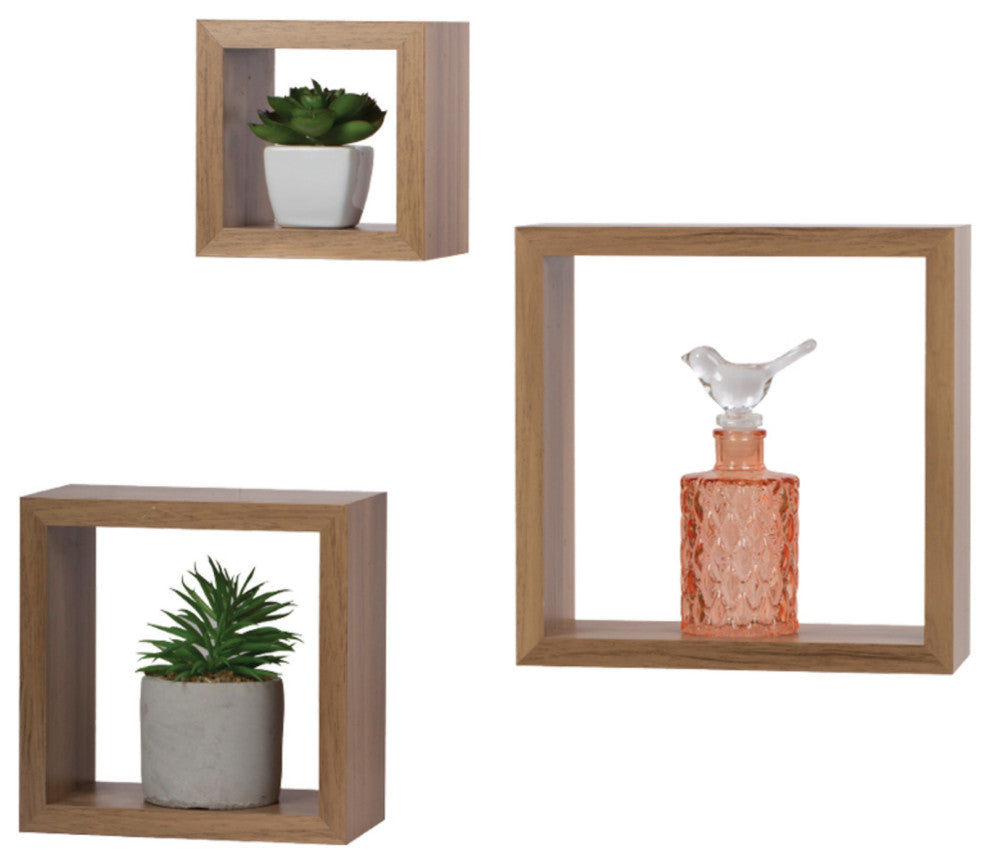 Set of Three Square Cubbi Floating Wall Shelves, 5", 7", 9", Brown