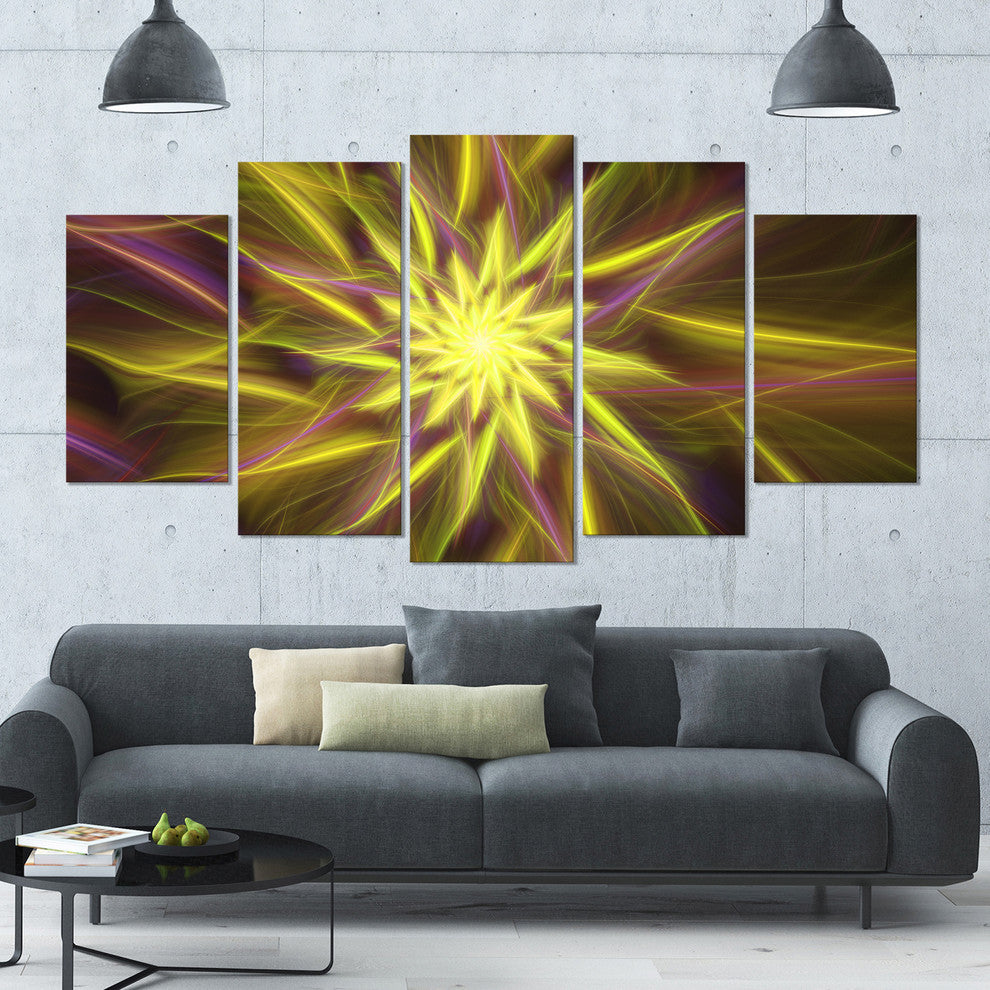 Shining Golden Exotic Fractal Flower, Floral Canvas Art Print, 60"x32", 5 Panels