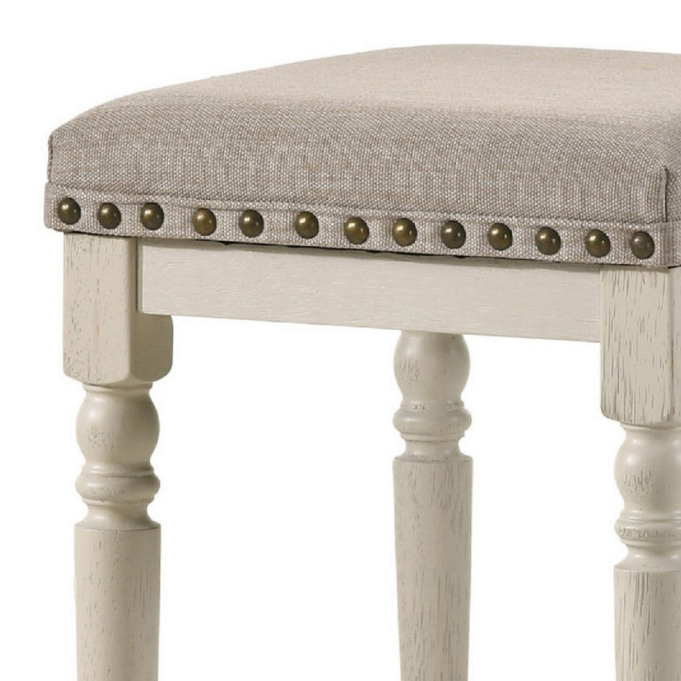 Benzara BM280303 24" Counter Height Stool Nailhead Trim Set of 2, Antique White