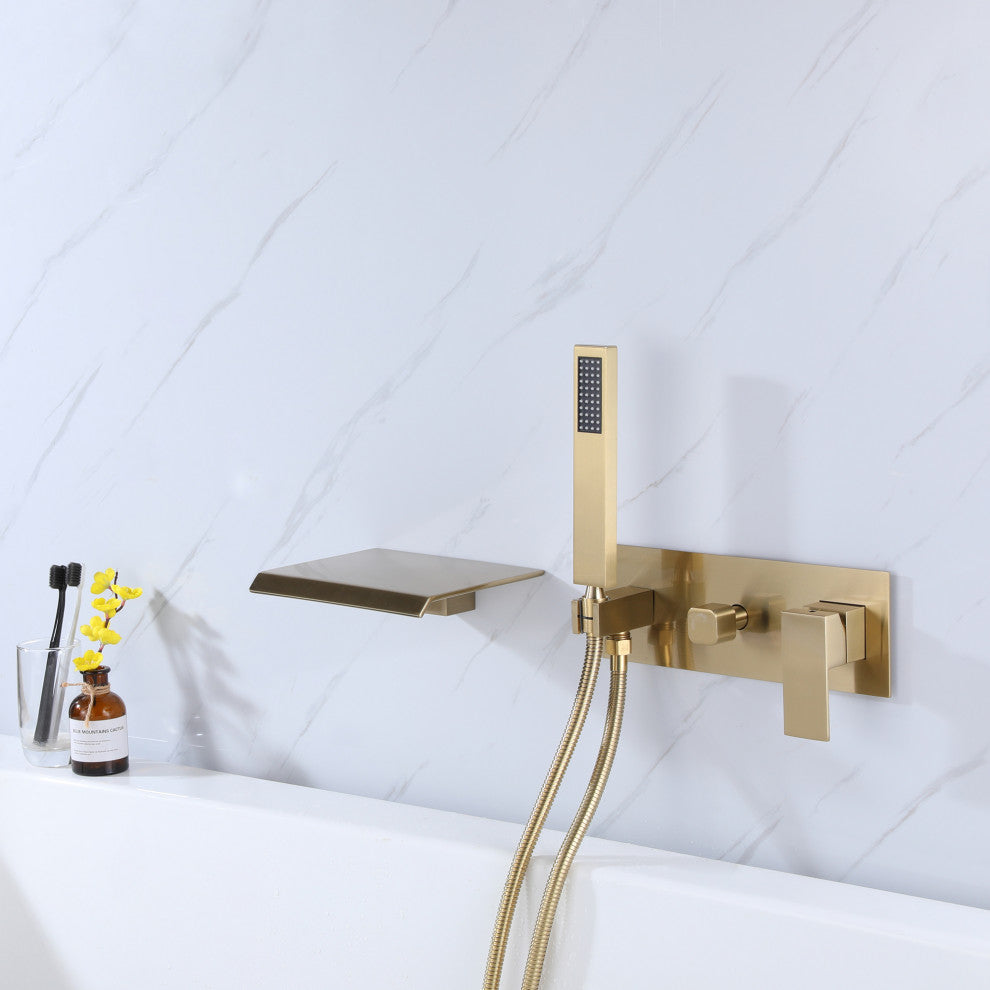 Wall Mounted Pressure Balanced Roman Tub Faucet with Hand Shower, Brushed Gold