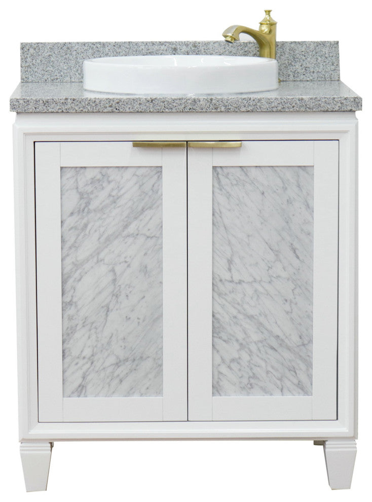 31" Single Sink Vanity, White Finish With Gray Granite With Round Sink
