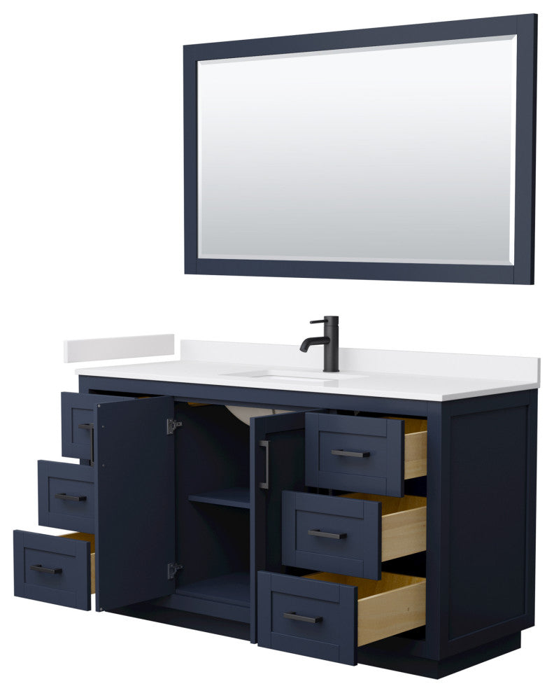 60"SGL Vanity Dark Blue, White Cult. Marble Top, Sink, Black Trim, 58"Mirror