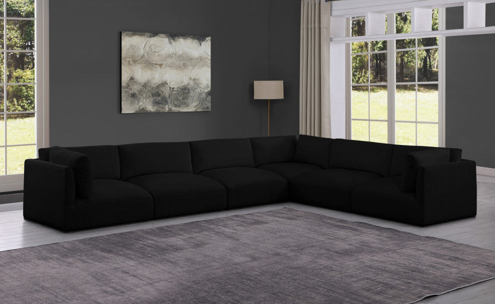 Ease Fabric Upholstered L-Shaped Modular Sectional, Black, 6 Piece: 3 Corner, 3 Armless