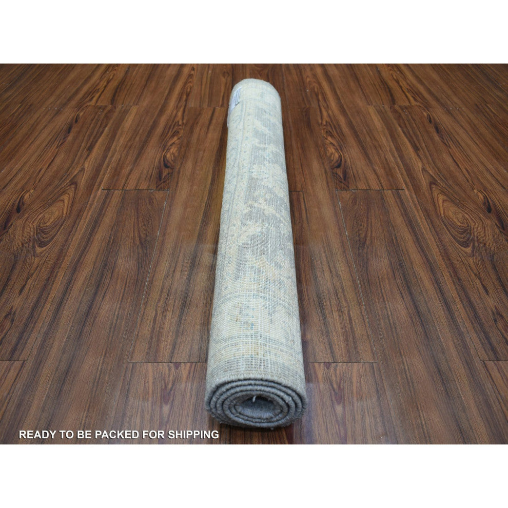 Gray Pure Wool Natural Dyes Hand Knotted Stone Wash Peshawar Rug, 3'0"x4'10"