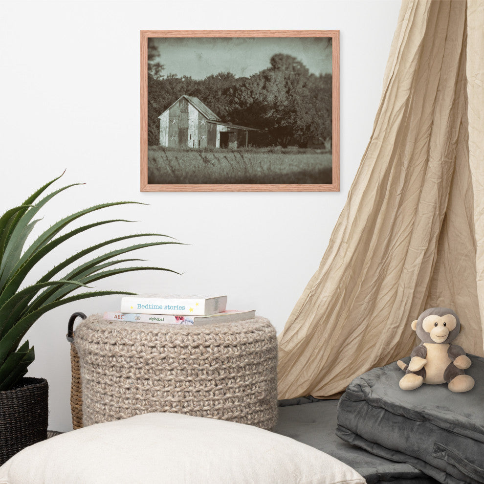 Patriotic Barn in Field Vintage Black and White Framed Photo Wall Art Print, Red Oak, 16" X 20"