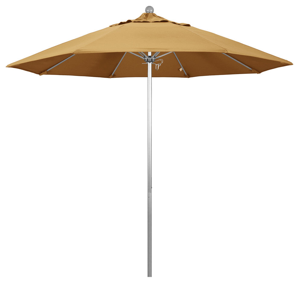 9' Fiberglass Umbrella Pulley Open Silver Anodized, Sunbrella, Wheat