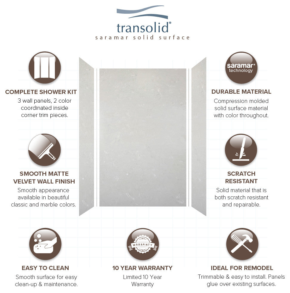 Transolid SaraMar 60"x36"x96" 3-Piece Shower Wall Kit, Lunar Velvet