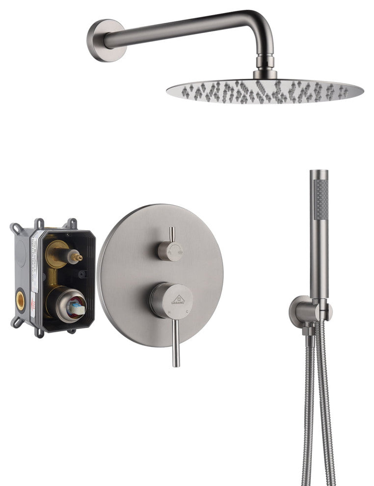 CASAINC 10" Round Wall Mounted Luxury Rain Shower System with Handheld Spray, Brushed Nickel