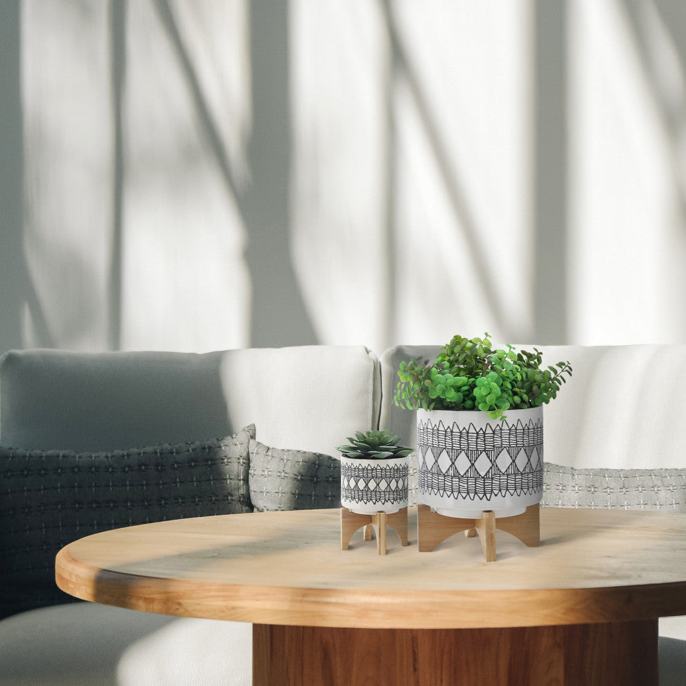 Cer 2-Piece Set Aztec Planter On Wooden Stand, Gray