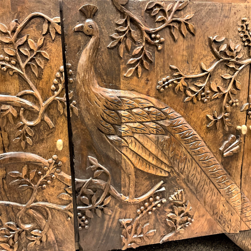 Mother Nature 60" Solid Wood Sideboard Hand Carved Peacock Bird Front Doors