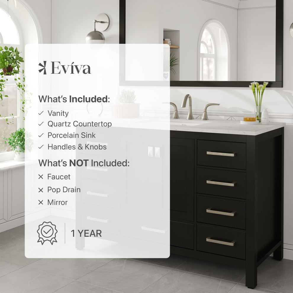 Eviva Aberdeen 48"Wx22"D Bathroom Vanity, White Carrara Quartz Countertop
