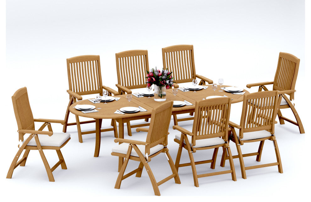9-Piece Outdoor Teak Dining Set, 94" Extension Oval Table, 8 Marley Arm Chairs