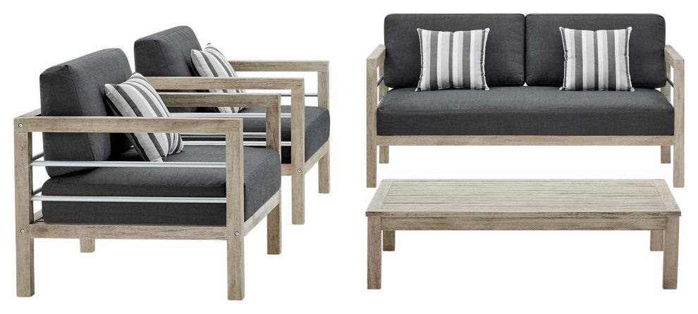 Lounge Sectional Sofa Chair Set, Wood, Gray, Modern, Outdoor Patio Cafe