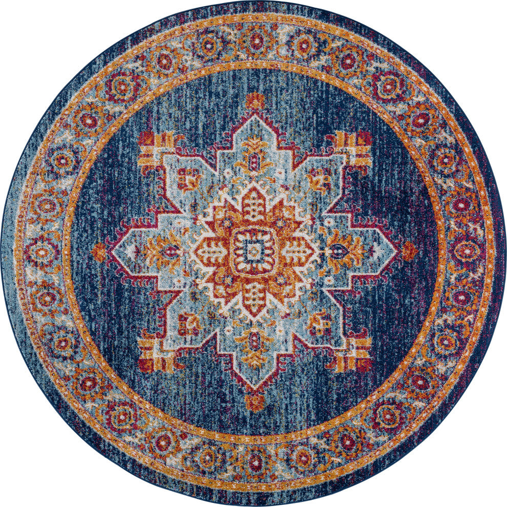 Mila Traditional Medallion Blue & Gold Round Area Rug, 5' Round