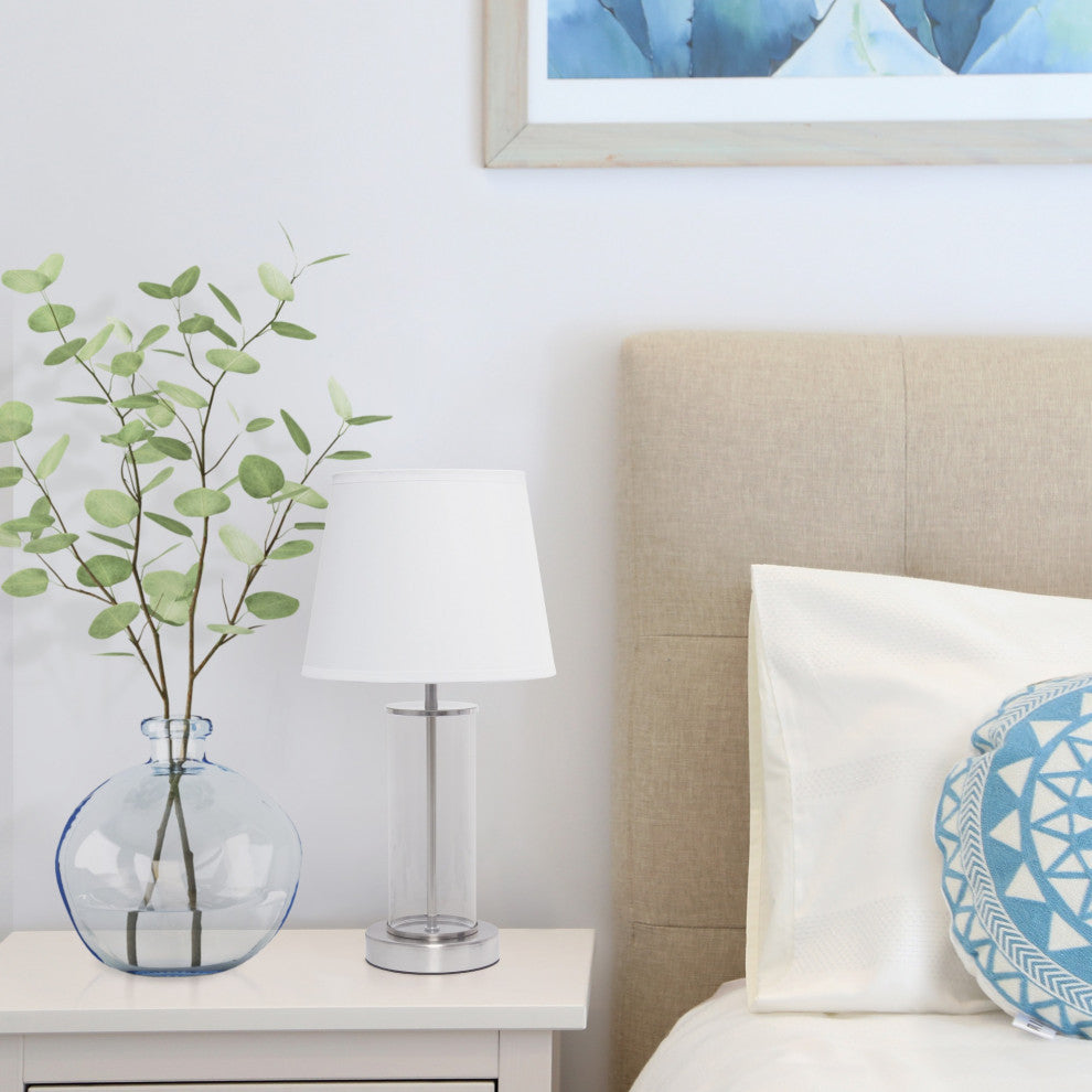 Simple Designs Encased Metal & Clear Glass Table Lamp, Brushed Nickel & White