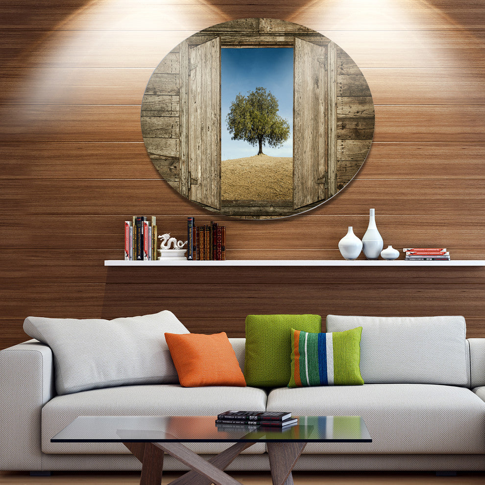 Window Open To Solitary Tree, Landscape Round Metal Wall Art, 23"