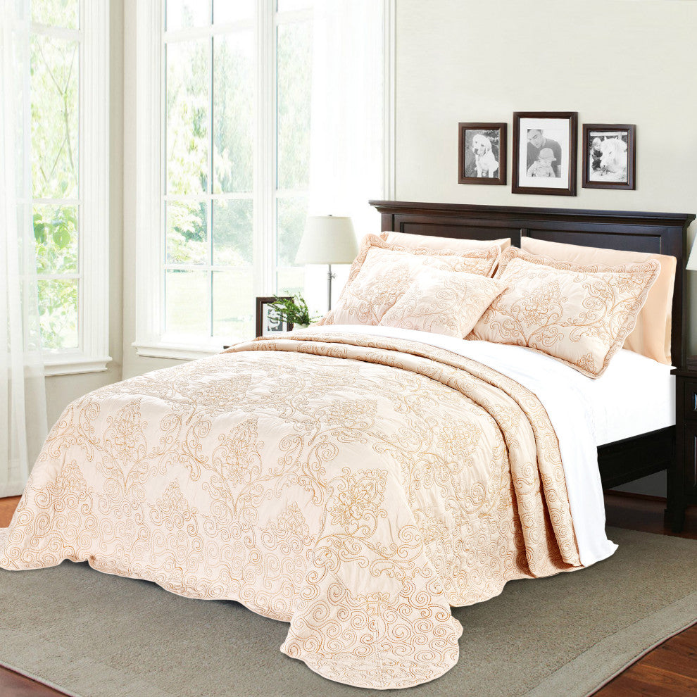 Damask Embroidered Quilted 4 Piece Bed Spread Sets, Salmon, King