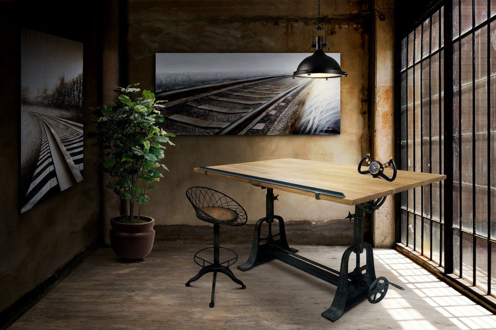Industrial Architect's Drafting Desk - Adjustable Cast Iron Base - Tilt Top