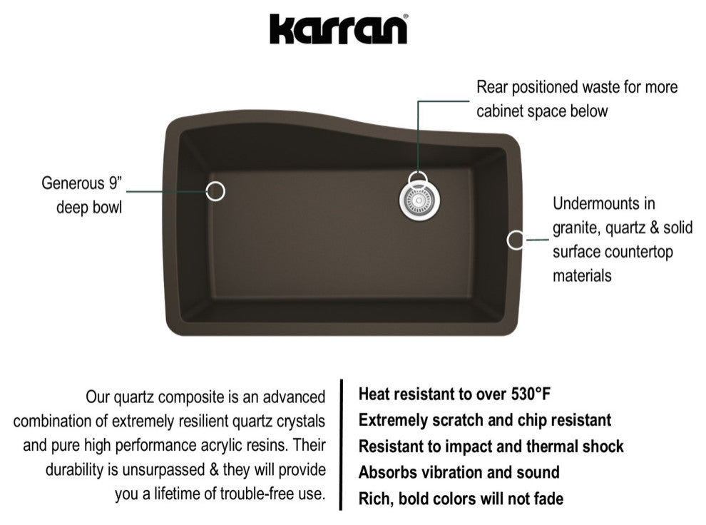 Karran Undermount Quartz Composite 33" Single Bowl Kitchen Sink, Brown
