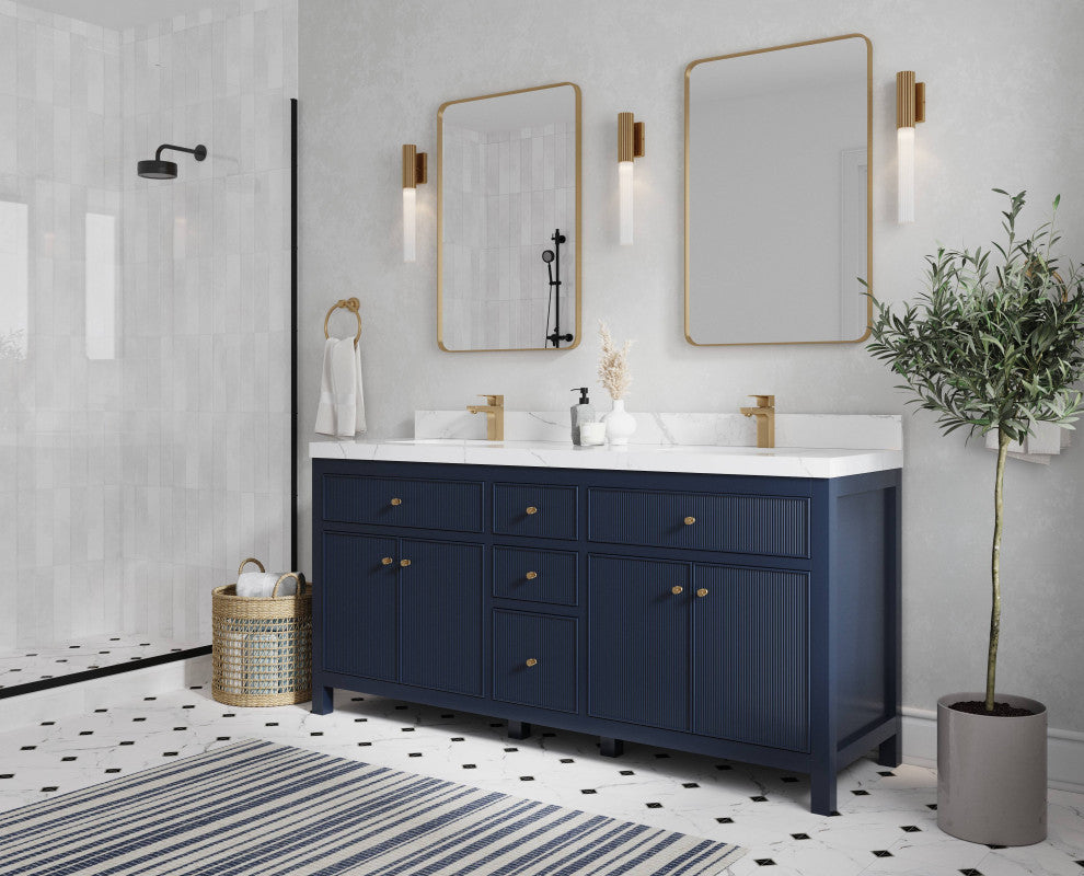 Sonoma 72 Double Sink Reeded Bath Vanity in Hale Navy Blue 2" Calacatta Laza