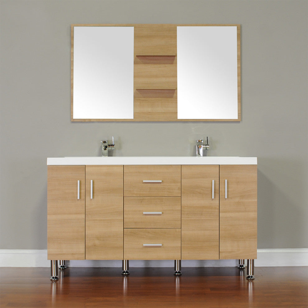 56 Inch Double Modern Bathroom Vanity Wavy Sink In Light Oak Without Mirror