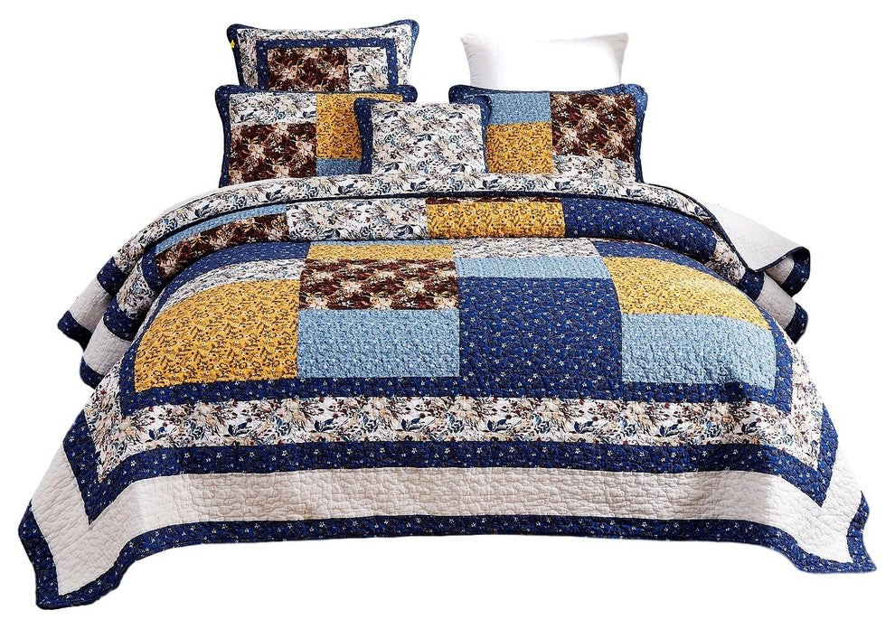 Tache Prairie Sunset Floral Farmhouse Cotton Patchwork Reversible Quilt Set, Cal