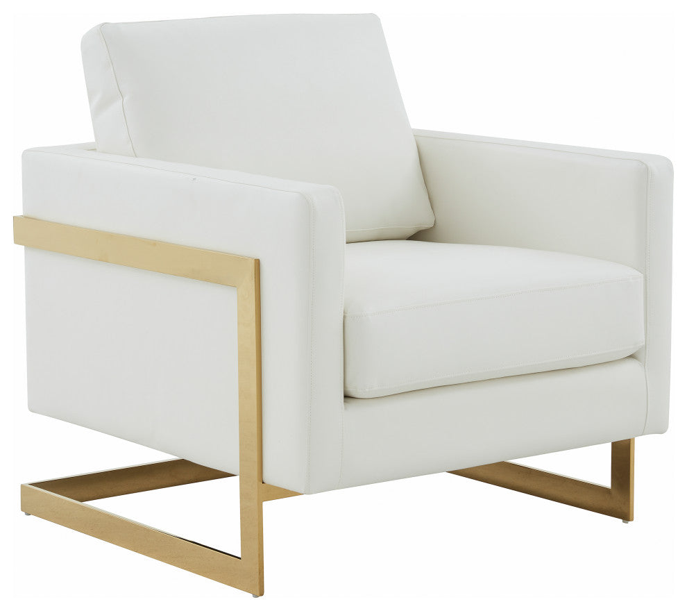 LeisureMod Lincoln Modern Leather Accent Arm Chair With Gold Frame, White