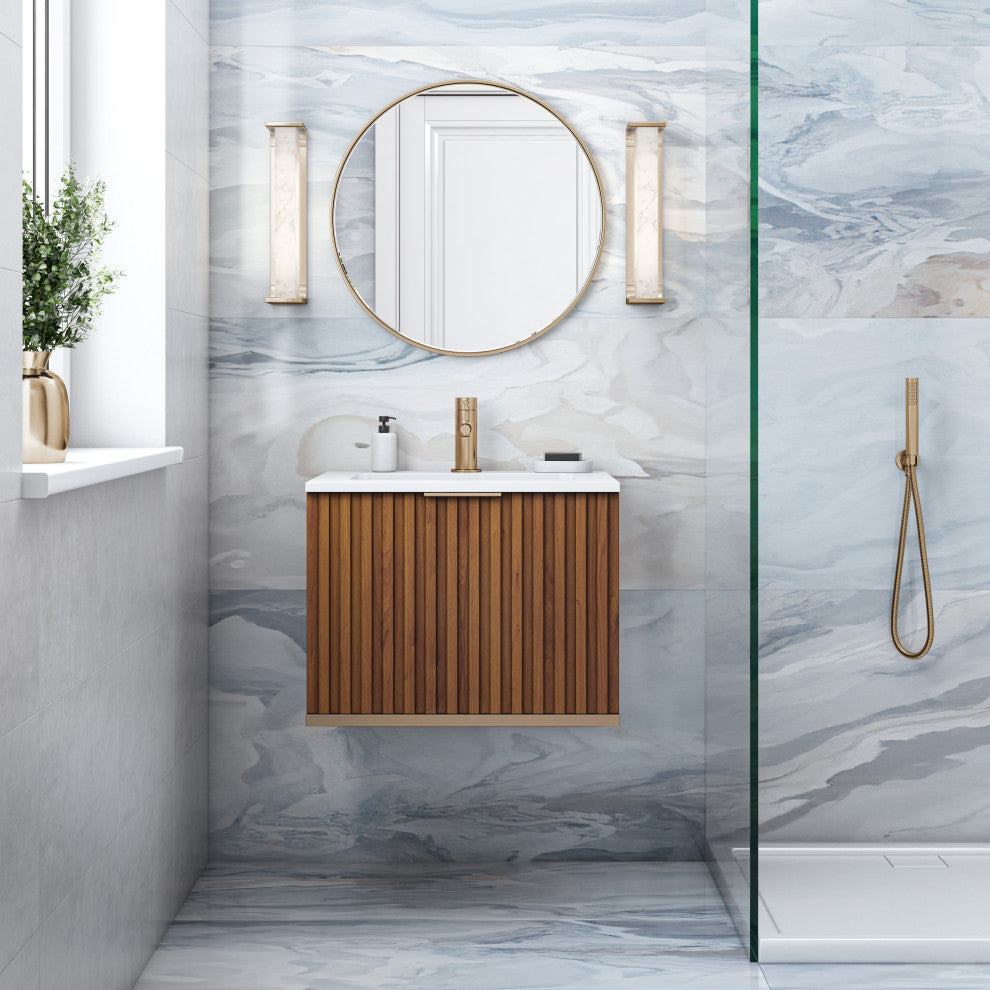 Terra Bathroom Vanity, Walnut/Satin Brass With White Quartz, 24", White Quartz Top
