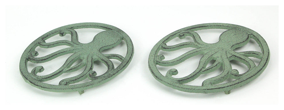Distressed Coastal Cast Iron Octopus Sea Foam Green Trivet Set of 2