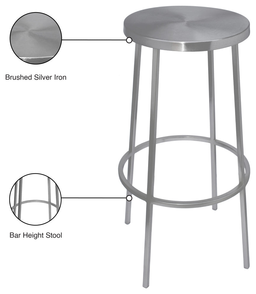 Tyson Contemporary Durable Iron Stool, Brushed Silver, Bar Height