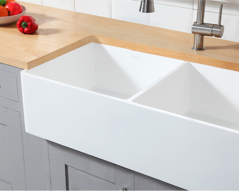 Gourmetier Double Bowl Farmhouse Kitchen Sink, Matte White