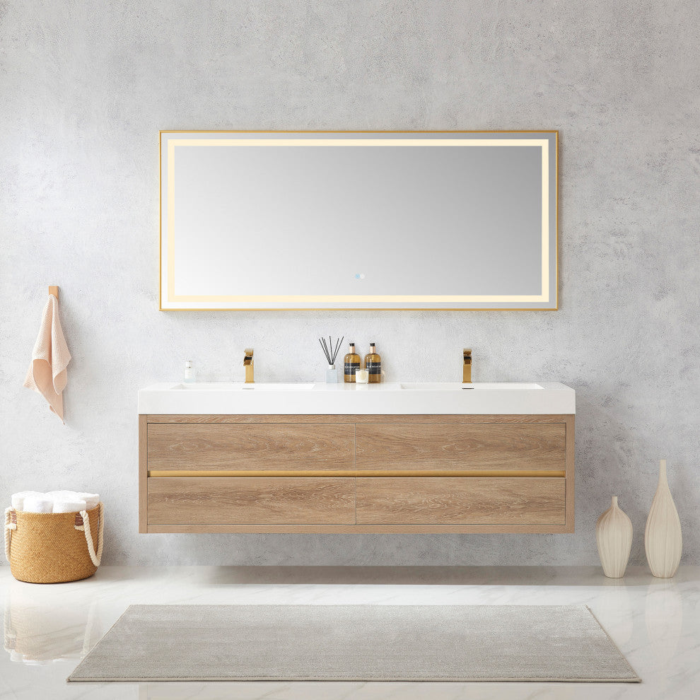 Palencia Floating Bath Vanity With Composite Stone Top, North American Oak, 72", With Mirror