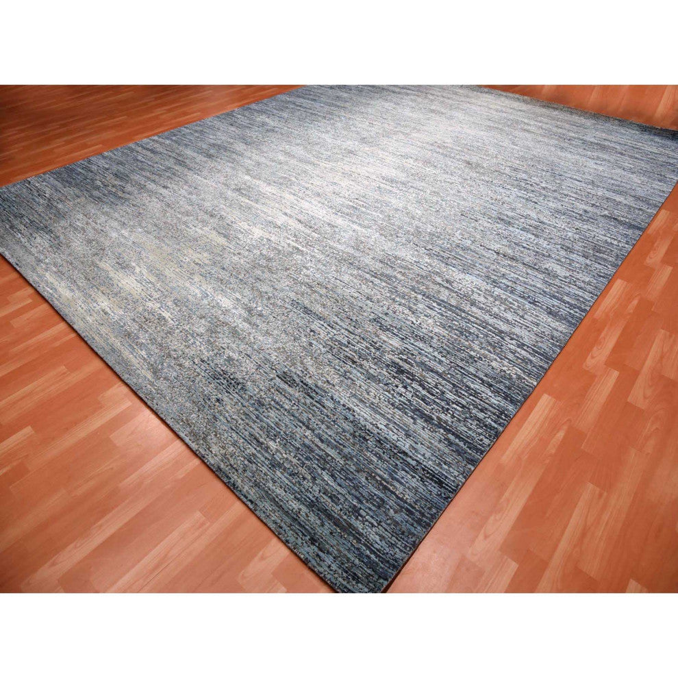 Blue Oceanic Pure Silk and Wool Hand Knotted Oriental Oversized Rug, 12'0"x15'0"