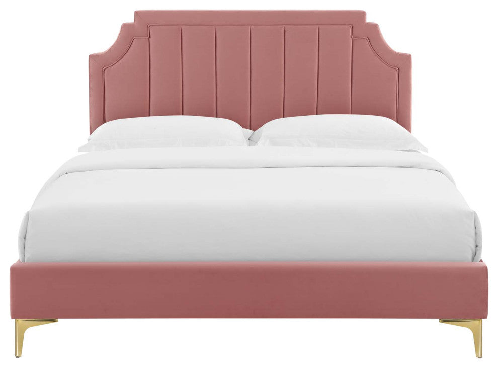 Platform Bed Frame, King Size, Velvet, Pink, Modern Contemporary, Bedroom Master