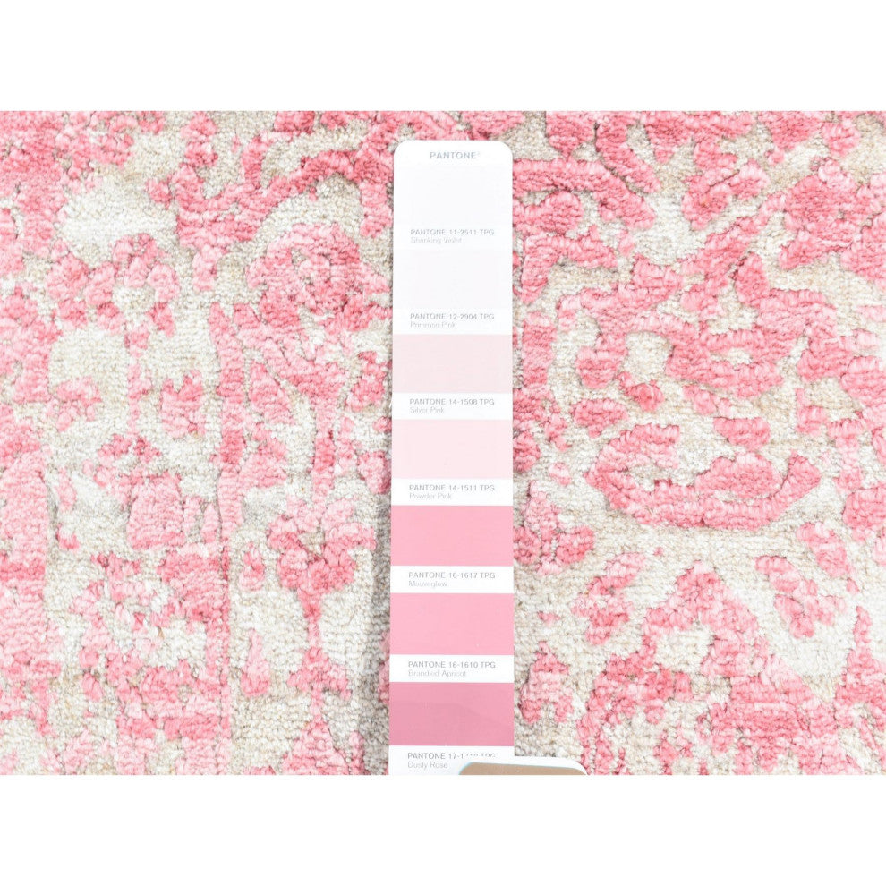 Pink Broken Persian Design Wool and Pure Silk Hand Knotted Runner Rug, 2'6"x7'9"