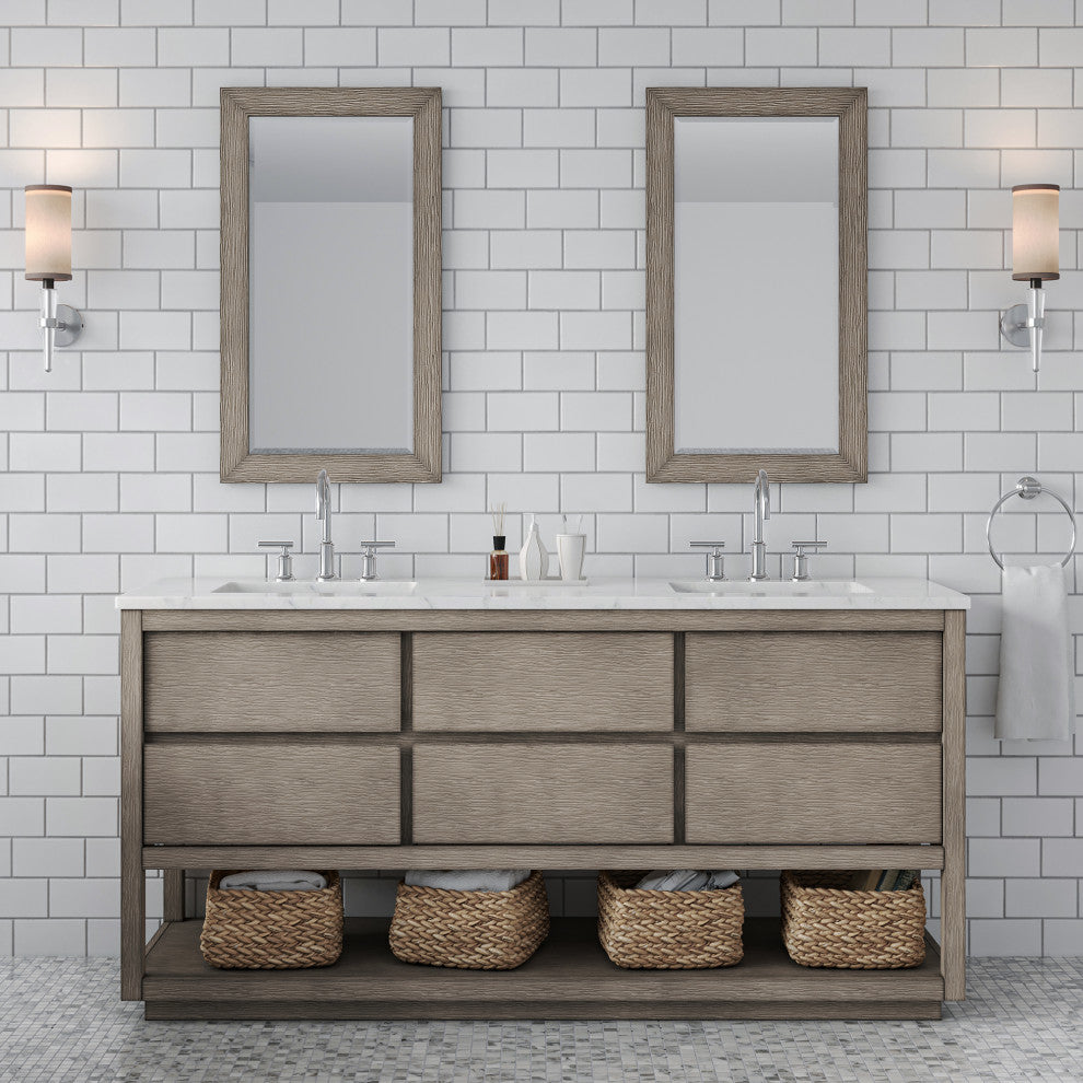 Oakman Marble Top Vanity in Grey Oak with Faucet, 72", Vanity With Chrome Faucet