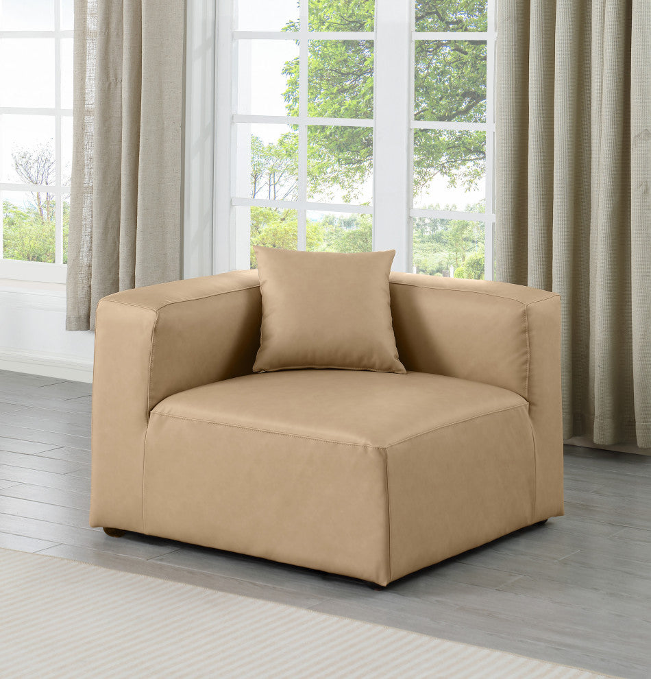Cube Upholstered Modular Component, Tan, Vegan Leather, Corner Chair