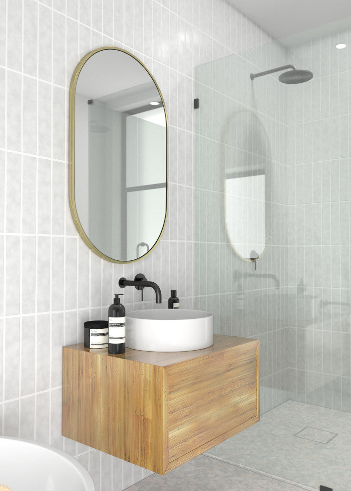 22" W X 36" H Pill Shape Stainless Steel Framed Mirror, Satin Brass