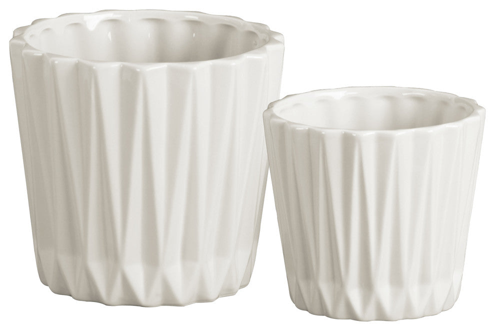 Ceramic Round Vases With Ribbed Design Body, Tapered Bottom, 2-Piece Set, White