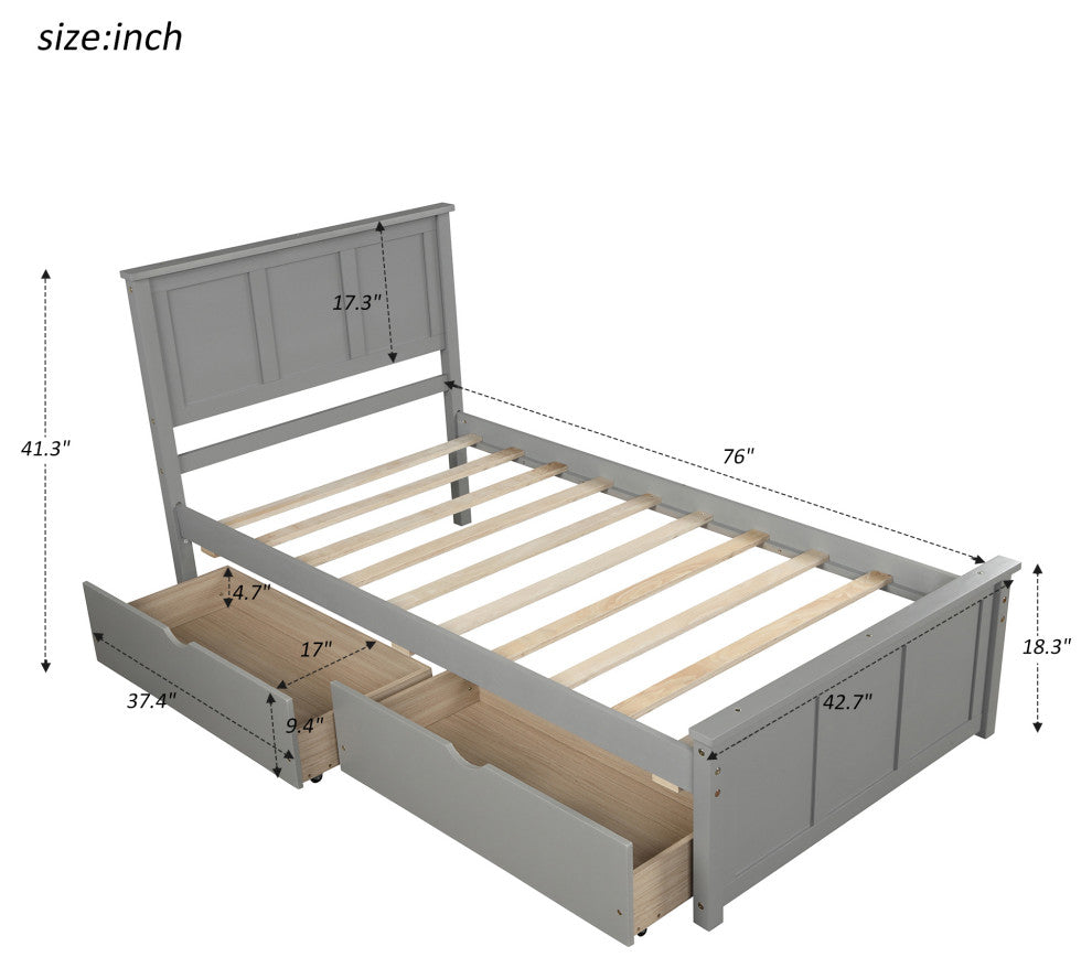 Gewnee Platform Storage Bed, 2 drawers with wheels, Twin Size Frame in Gray