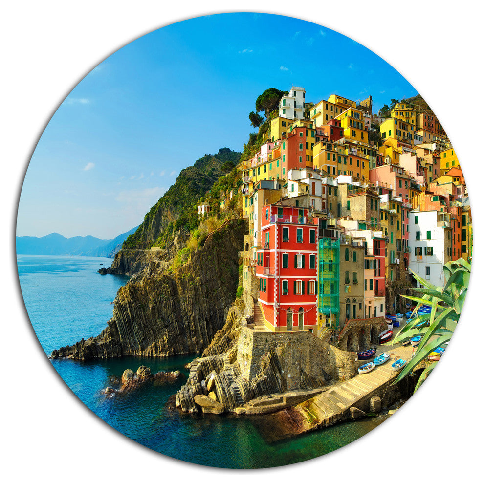 Riomaggiore Village Rocky Beach, Seashore Round Metal Wall Art, 36"