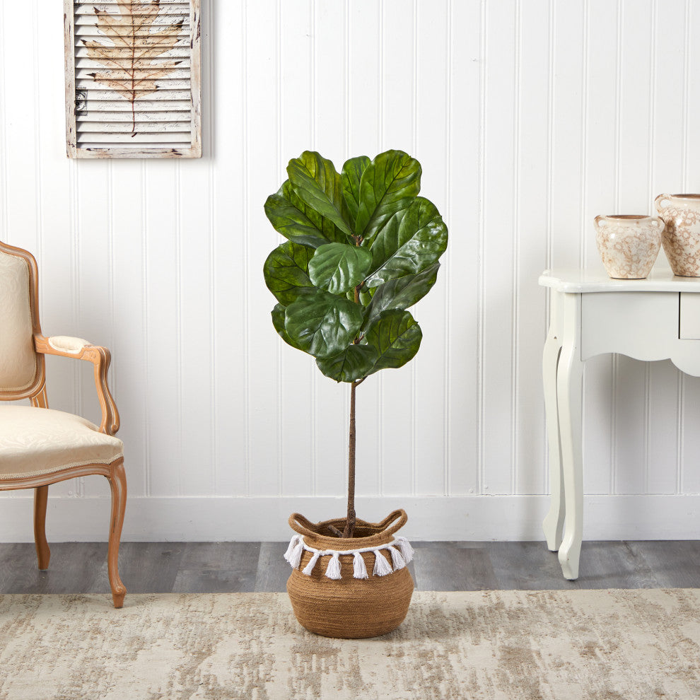 4' Fiddle Leaf Faux Tree, Boho Handmade Natural Cotton Woven Planter W/Tassels