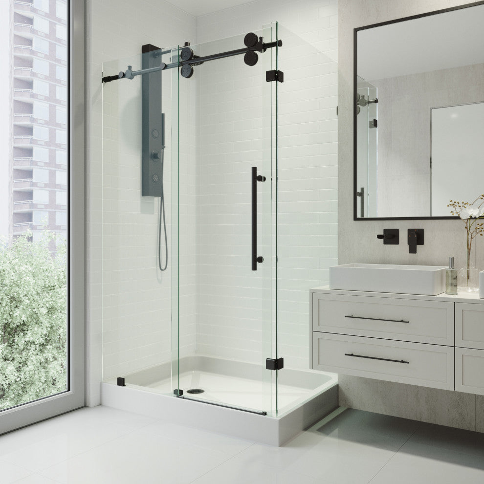 VIGO Winslow Frameless Sliding Shower Enclosure, Matte Black, 36" D X 48" W X 80" H, Left Drain Base