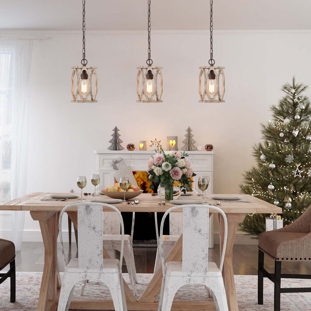 LNC Farmhouse 1-Light Distressed wood and rusty bronze Cylinder Mini Chandelier