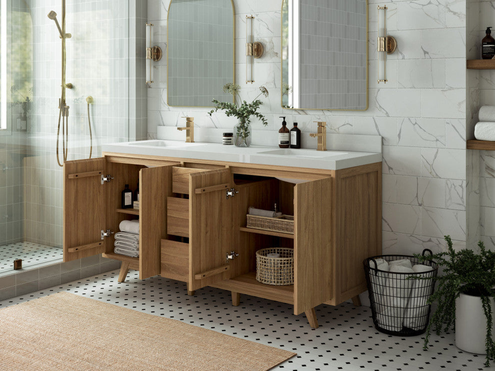 Madison Teak 72 Double Sink Bath Vanity in Light Natural 2" Carrara Marble