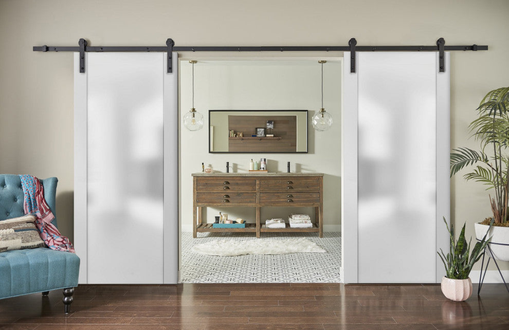 Glass Double Barn Doors 48 x 80 | Planum 4114 White Silk | 13FT Rails