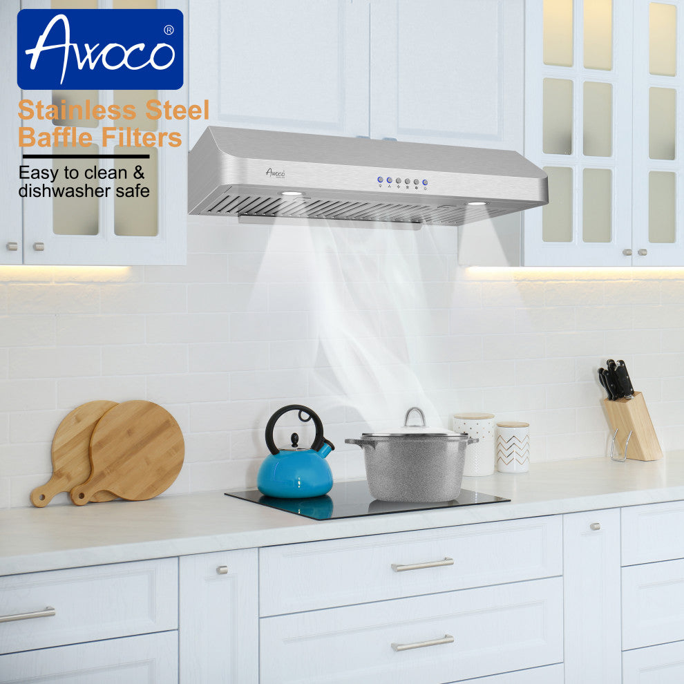 Awoco Rectangle Vent Range Hood With Stainless Steel Cabinets, 30"
