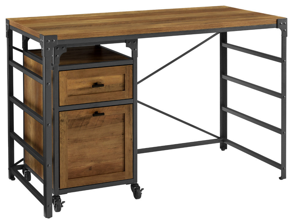 48" Angle Iron Desk with Filing Cabinet Cabinet - Rustic Oak